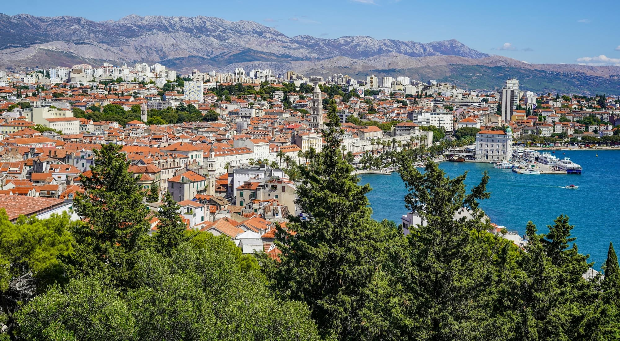 Split seen from Marjan hill, with the bell tower of St Domnius above the old town roofs, the palm-lined Riva and the ferry port beyond